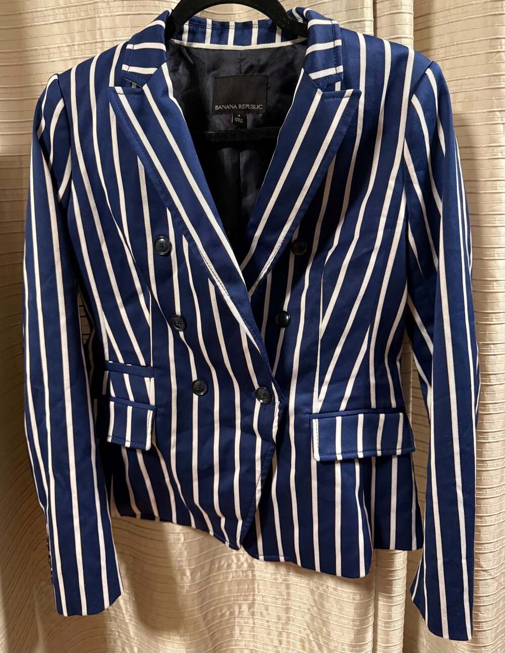 Banana Republic Women's Blue and White Striped Satin Double Breasted Blazer